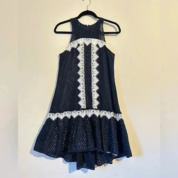 Nha Khanh Navy Bell Dress Shift Eyelet Shift Mini size 2 Wedding Guest - Picture 2 of 7